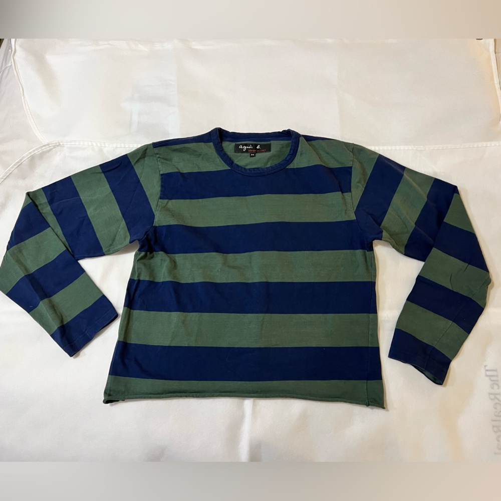 Long sleeve Mariniere sweatshirt green and blue striped French small - Picture 3 of 10